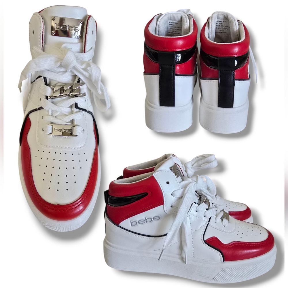 NEW ❤️‍ Bebe Women's Monah Blockcolor High Top Platform Sneakers Red/Black/White